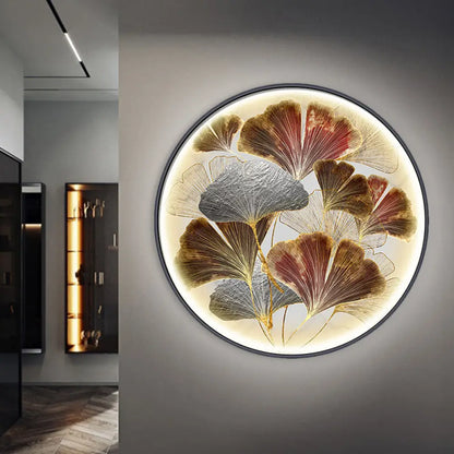 Aplique de pared Asia LED con forma de hoja de ginkgo en dorado con pantalla metálica