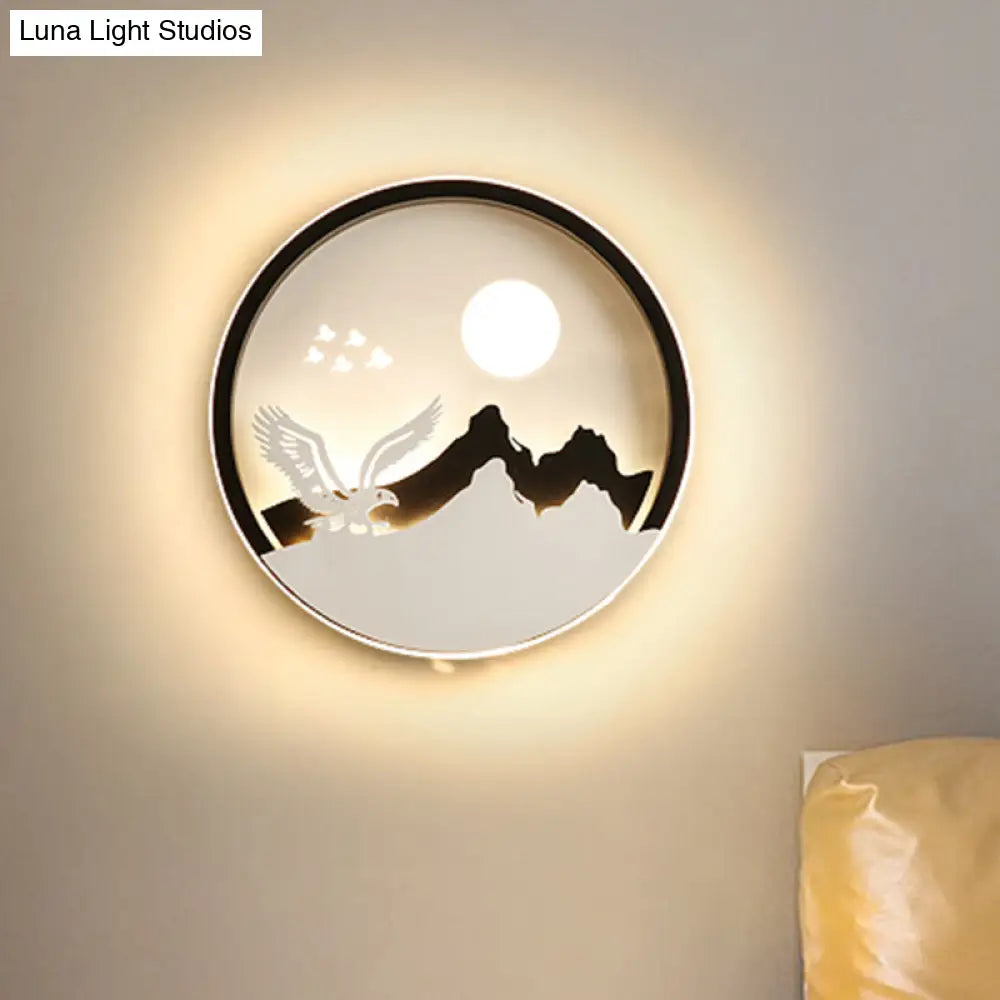 مصباح حائط LED من الأكريليك الأسود على الطراز الآسيوي مع نمط النسر والجبل