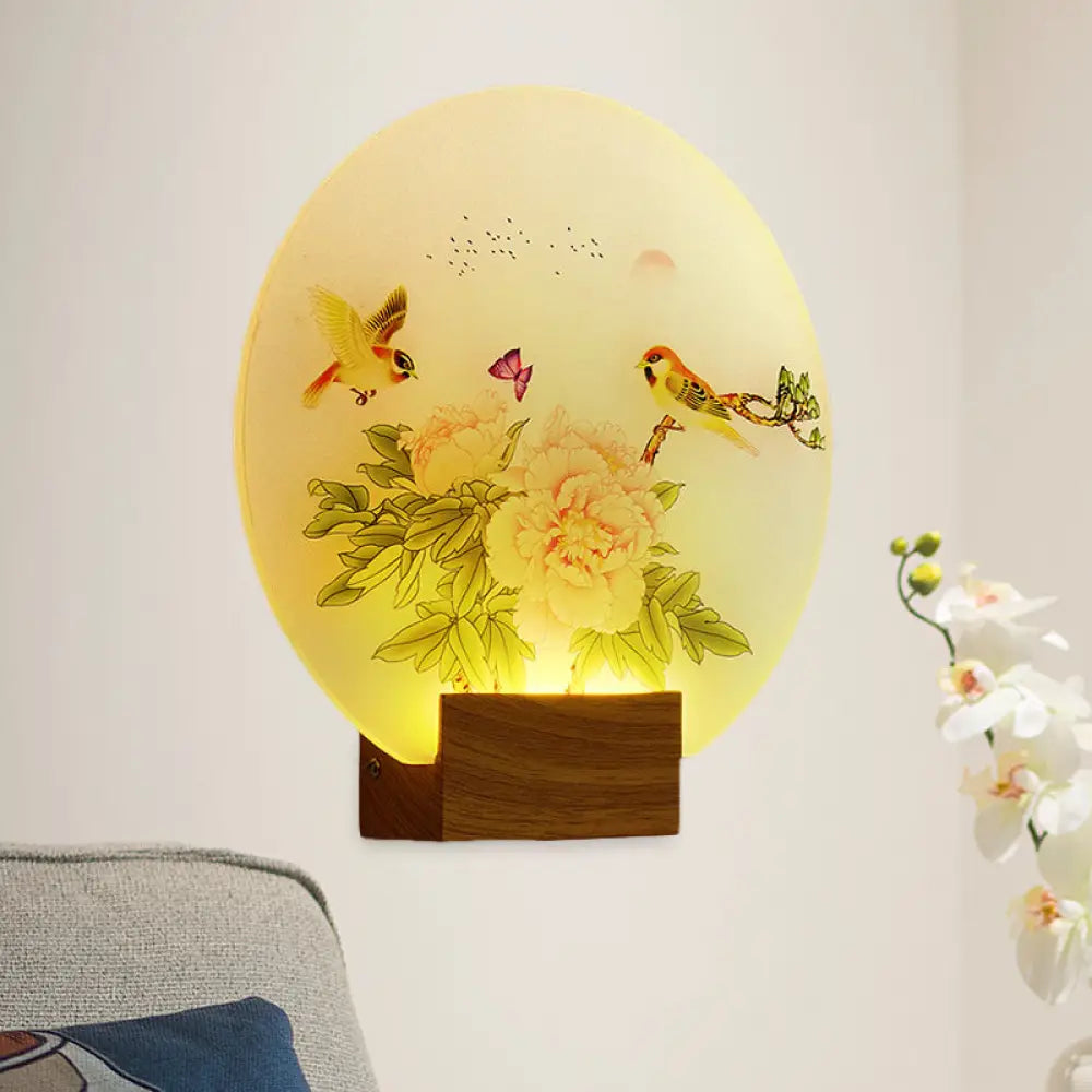 Lámpara de pared LED acrílica de estilo asiático para dormitorio - Mural circular marrón con flores y pájaros