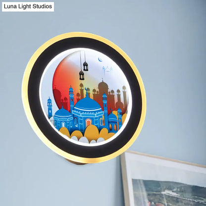 Mural de pared LED acrílico estilo asiático con diseño de ciervo/castillo - Idea de iluminación circular rosa/azul