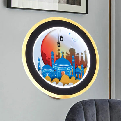 Mural de pared LED acrílico estilo asiático con diseño de ciervo/castillo - Idea de iluminación circular rosa/azul