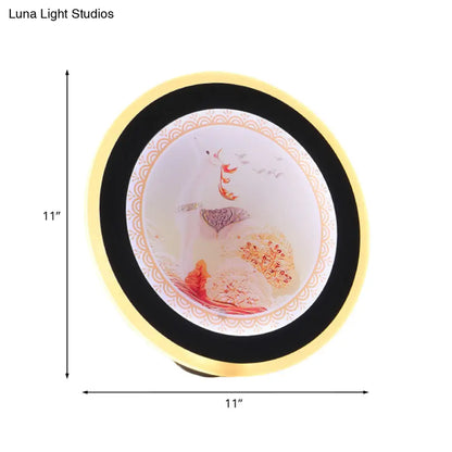 Mural de pared LED acrílico estilo asiático con diseño de ciervo/castillo - Idea de iluminación circular rosa/azul