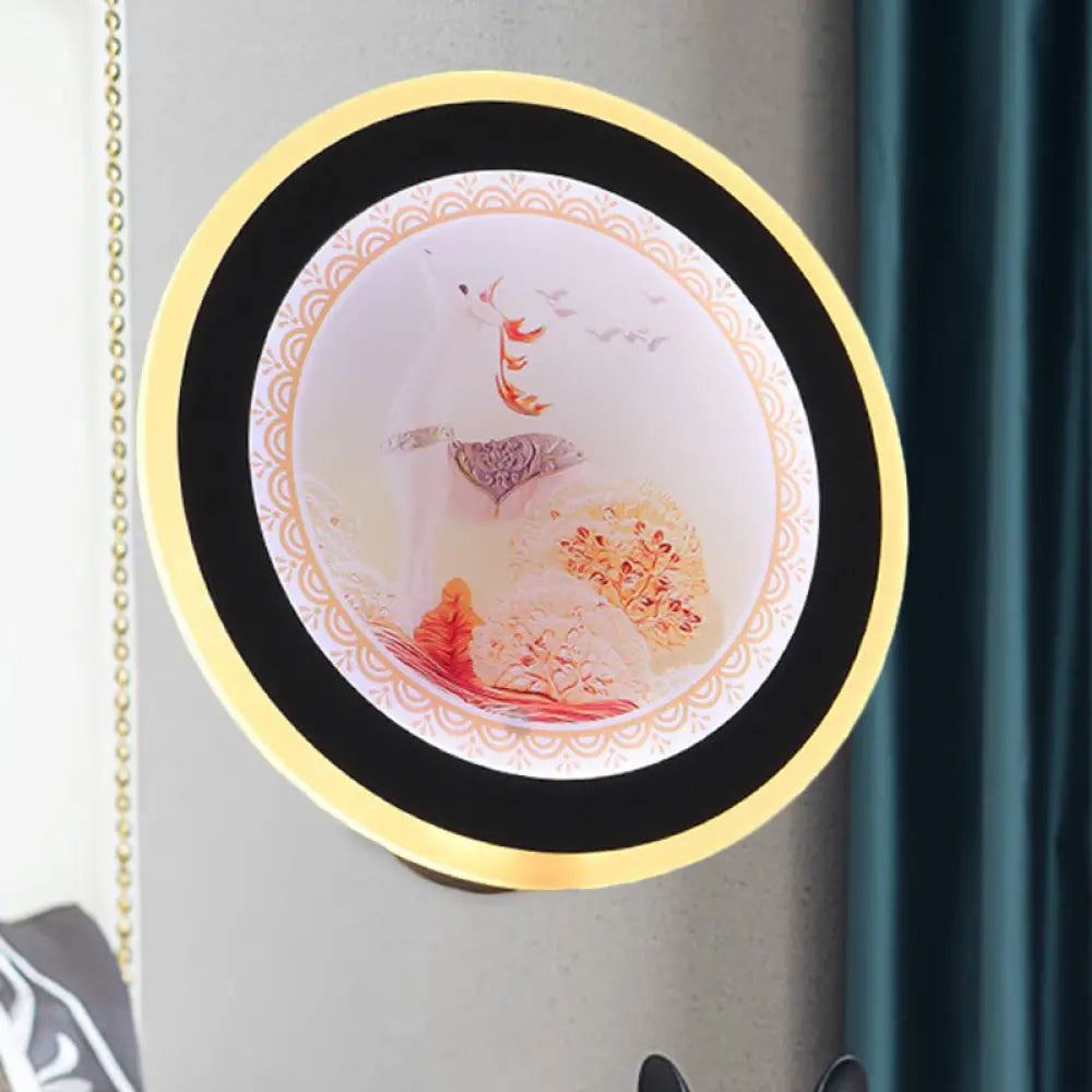 Mural de pared LED acrílico estilo asiático con diseño de ciervo/castillo - Idea de iluminación circular rosa/azul