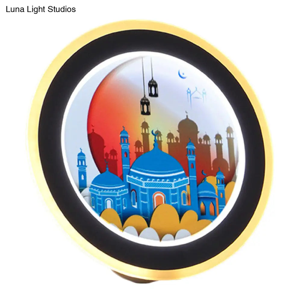 Mural de pared LED acrílico estilo asiático con diseño de ciervo/castillo - Idea de iluminación circular rosa/azul