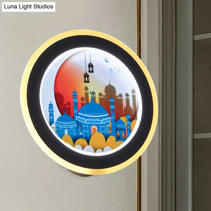 Mural de pared LED acrílico estilo asiático con diseño de ciervo/castillo - Idea de iluminación circular rosa/azul