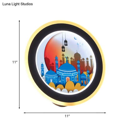 Mural de pared LED acrílico estilo asiático con diseño de ciervo/castillo - Idea de iluminación circular rosa/azul