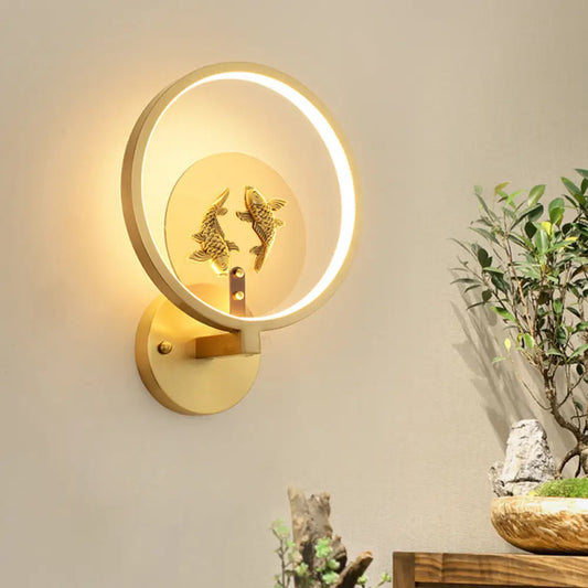 مصباح جداري مزدوج السمكة من النحاس LED على الطراز الآسيوي: إضاءة معدنية مثبتة على الحائط