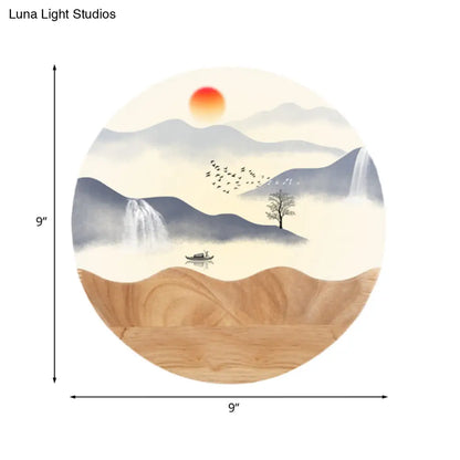 Lámpara de pared LED de estilo asiático con mural de madera y patrón de montaña/rama