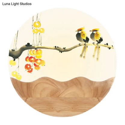 Lámpara de pared LED de estilo asiático con mural de madera y patrón de montaña/rama