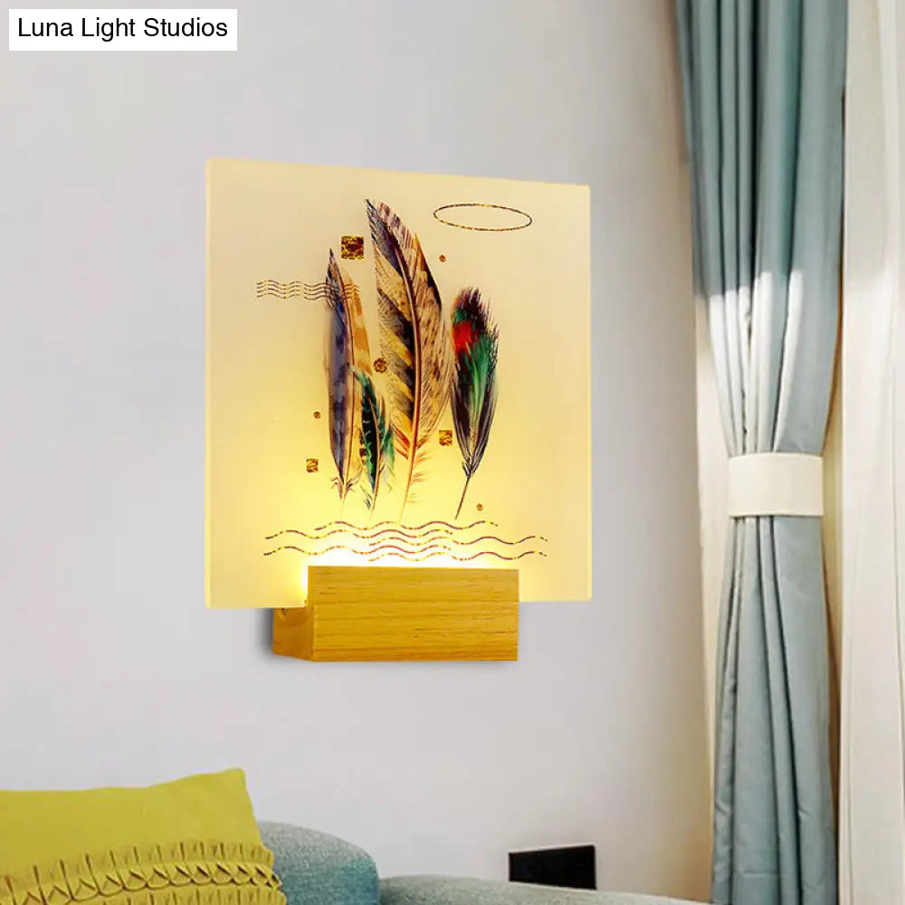 Lámpara de pared estilo asiático con forma de pluma de madera y luz LED mural para sala de estar