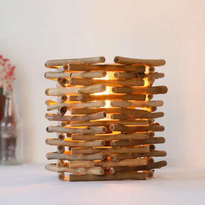 Lámpara de escritorio Asia Wood - Cilíndrica pequeña marrón para iluminación de tareas en el dormitorio, 8"/10" de ancho