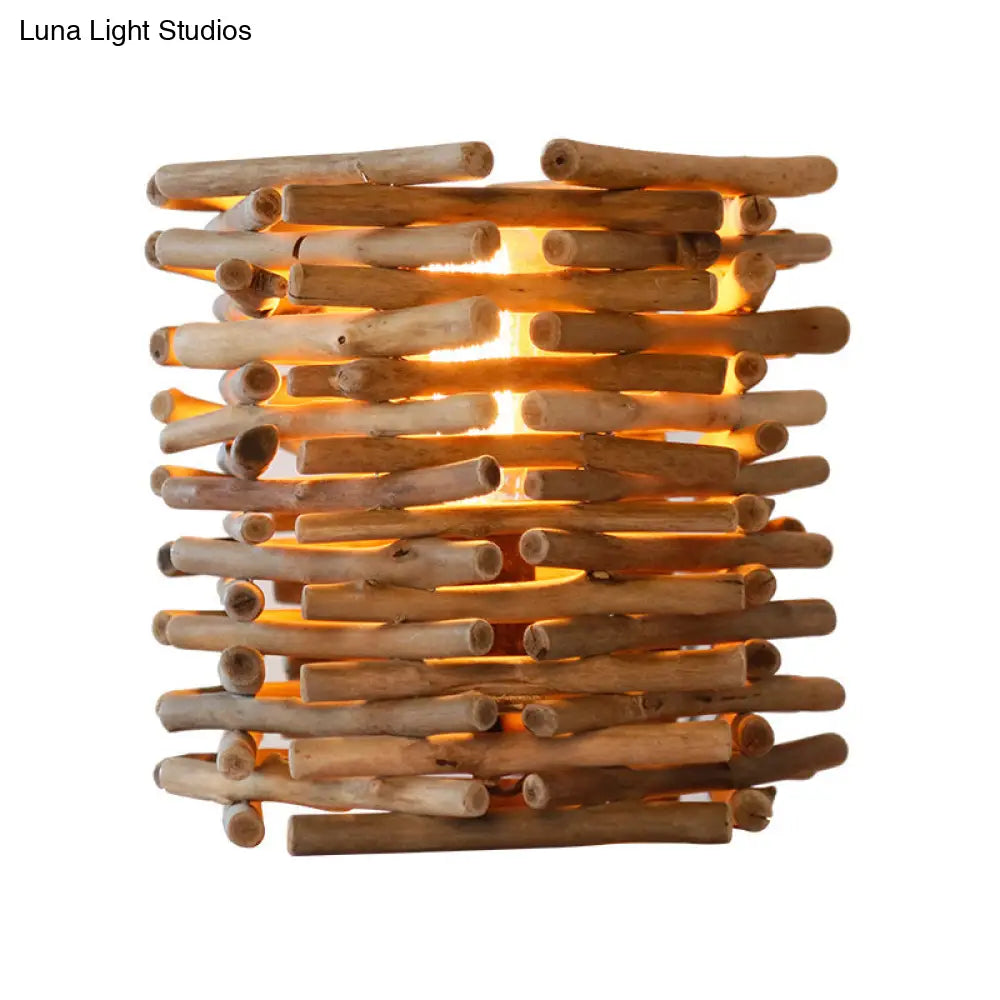 Lámpara de escritorio Asia Wood - Cilíndrica pequeña marrón para iluminación de tareas en el dormitorio, 8"/10" de ancho