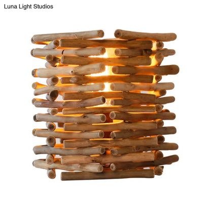 Lámpara de escritorio Asia Wood - Cilíndrica pequeña marrón para iluminación de tareas en el dormitorio, 8"/10" de ancho