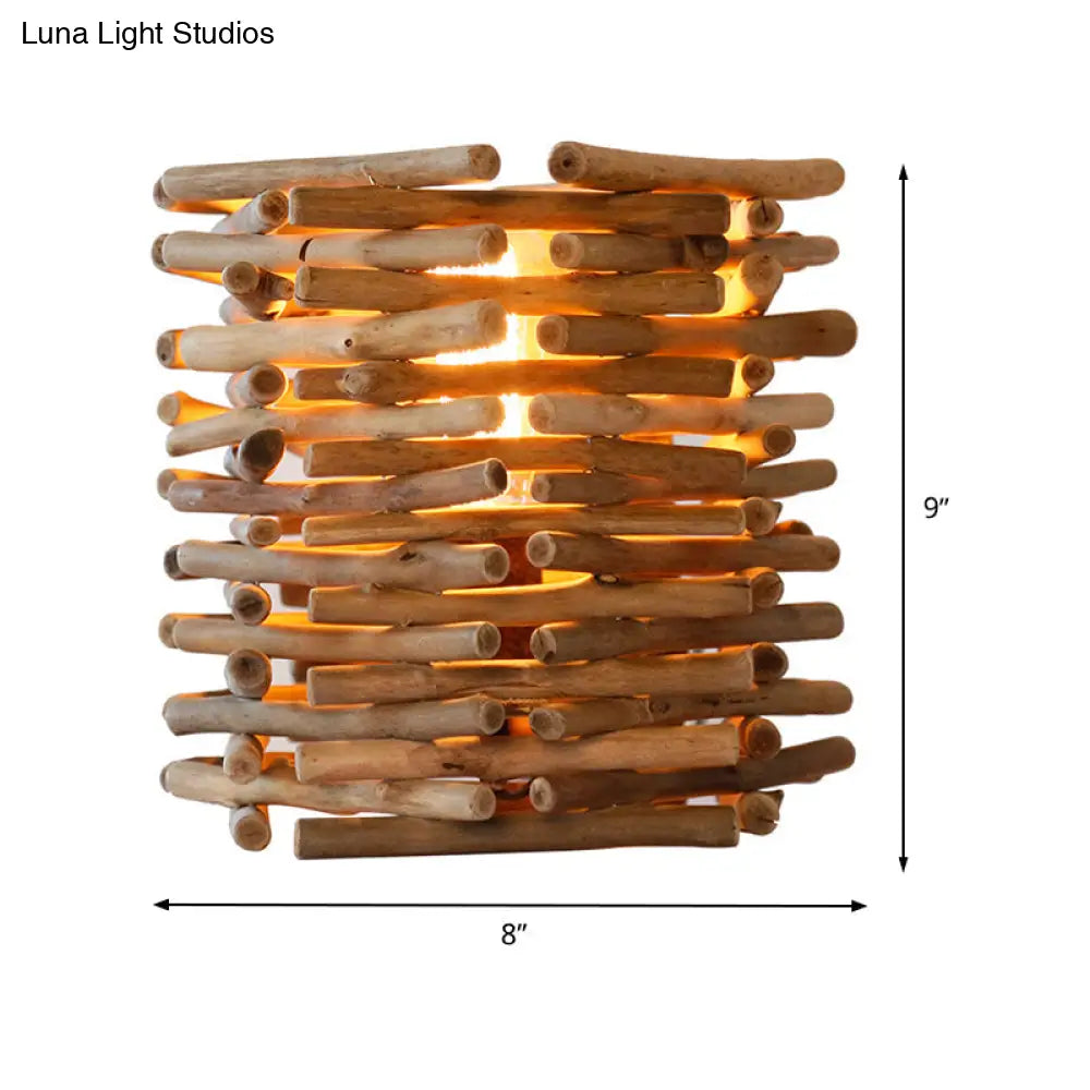Lámpara de escritorio Asia Wood - Cilíndrica pequeña marrón para iluminación de tareas en el dormitorio, 8"/10" de ancho