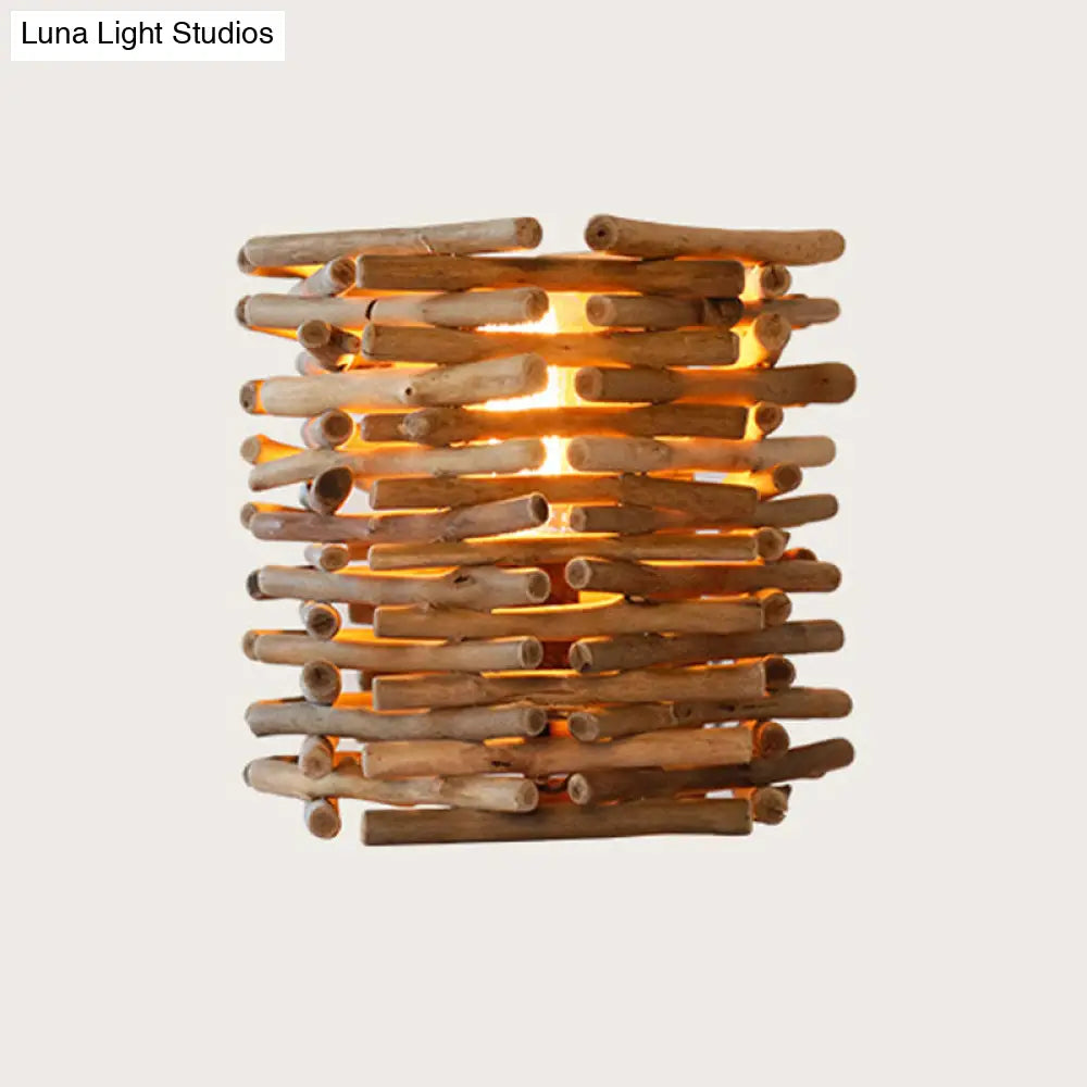 Lámpara de escritorio Asia Wood - Cilíndrica pequeña marrón para iluminación de tareas en el dormitorio, 8"/10" de ancho