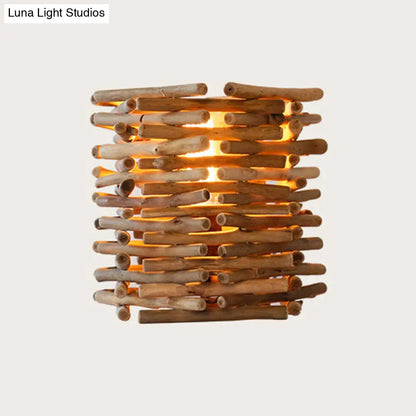 Lámpara de escritorio Asia Wood - Cilíndrica pequeña marrón para iluminación de tareas en el dormitorio, 8"/10" de ancho