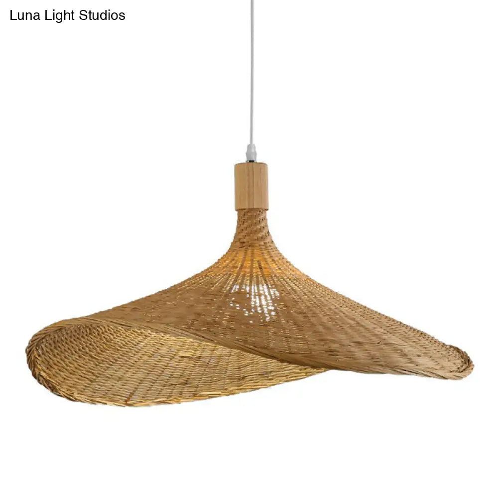 Asian Bamboo Pendant Light with Hat Design - 1-Light Wood Hanging Lamp for Tearoom