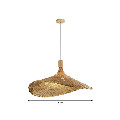 Asian Bamboo Pendant Light with Hat Design - 1-Light Wood Hanging Lamp for Tearoom