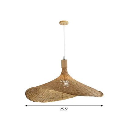 Asian Bamboo Pendant Light with Hat Design - 1-Light Wood Hanging Lamp for Tearoom