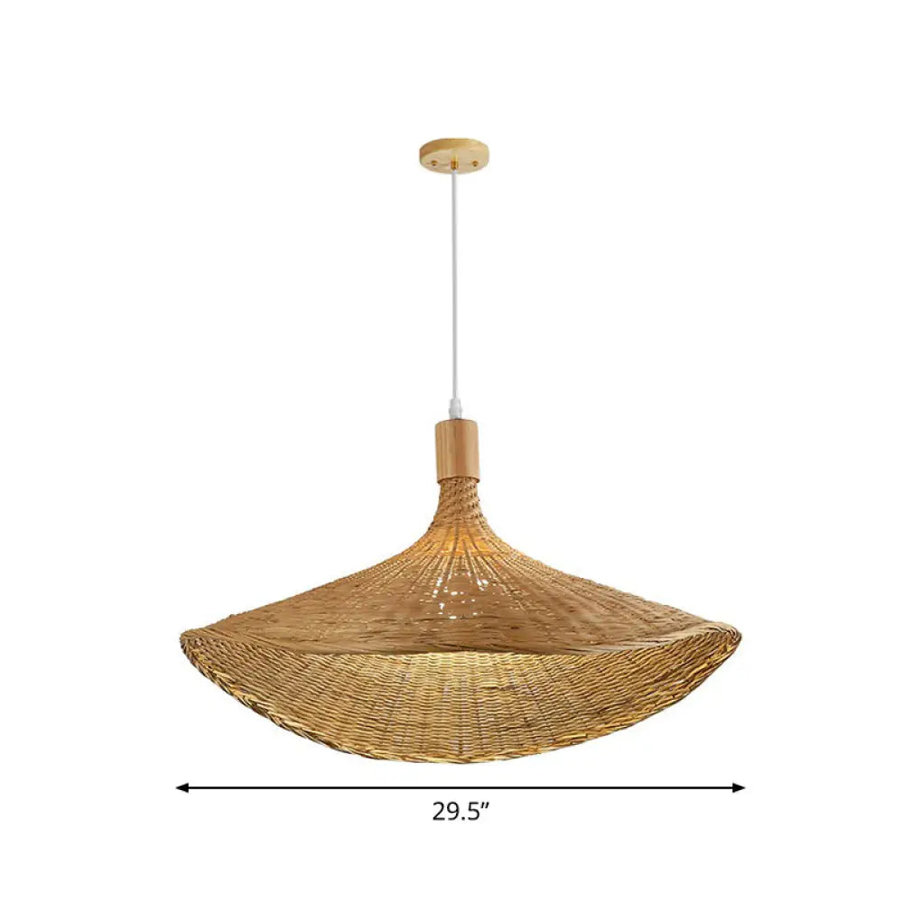 Asian Bamboo Pendant Light with Hat Design - 1-Light Wood Hanging Lamp for Tearoom