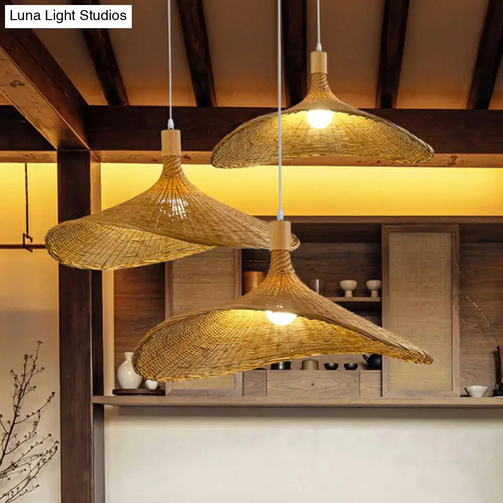 Asian Bamboo Pendant Light with Hat Design - 1-Light Wood Hanging Lamp for Tearoom