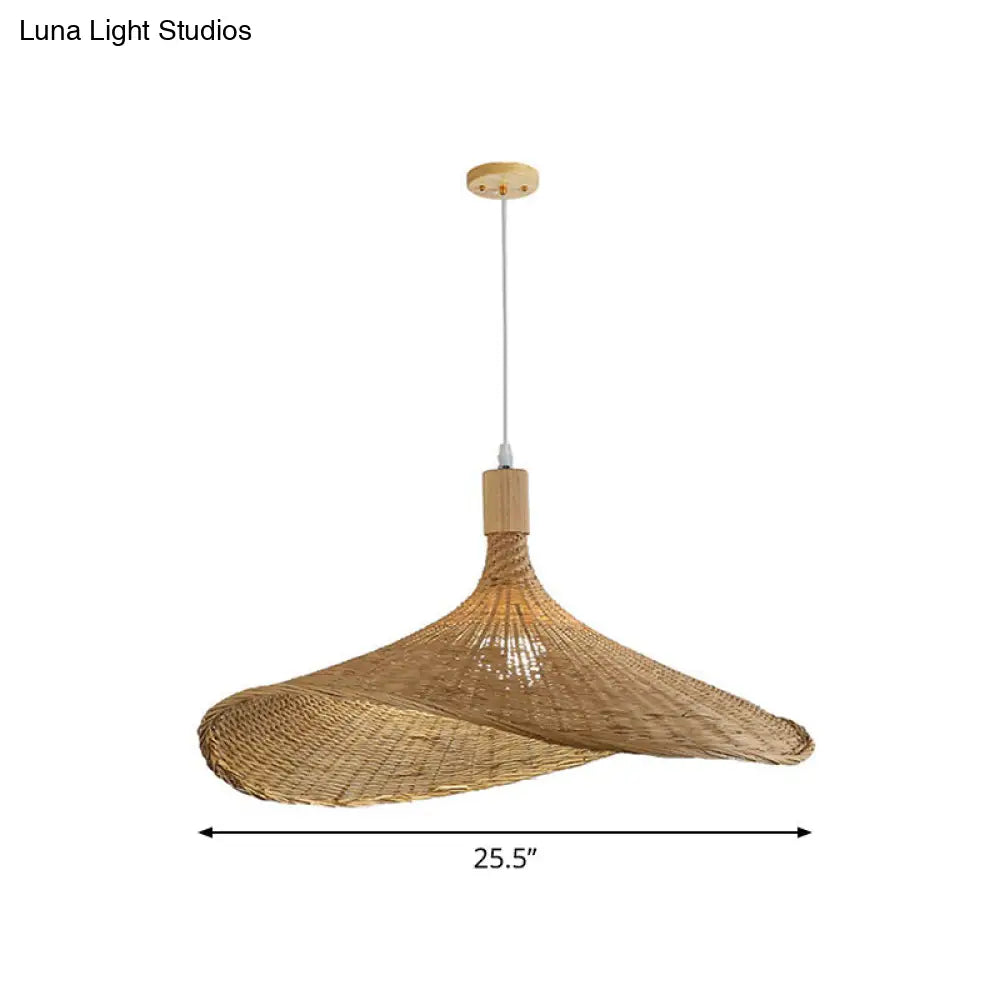 Asian Bamboo Pendant Light with Hat Design - 1-Light Wood Hanging Lamp for Tearoom