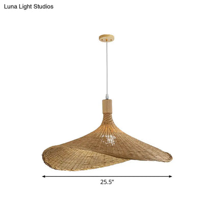 Asian Bamboo Pendant Light with Hat Design - 1-Light Wood Hanging Lamp for Tearoom