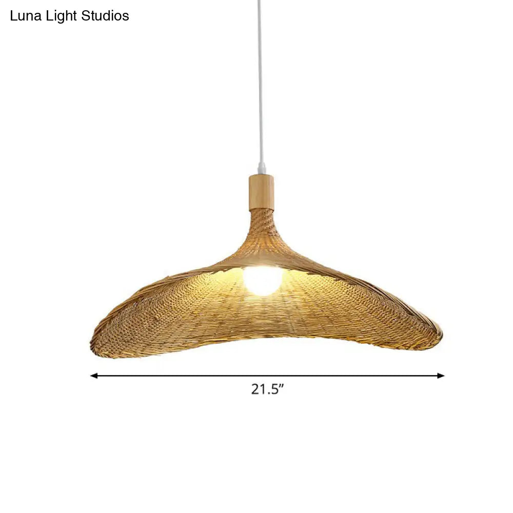 Asian Bamboo Pendant Light with Hat Design - 1-Light Wood Hanging Lamp for Tearoom