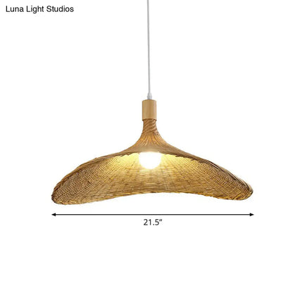 Asian Bamboo Pendant Light with Hat Design - 1-Light Wood Hanging Lamp for Tearoom