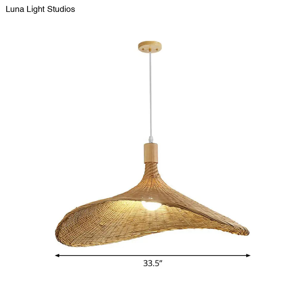 Asian Bamboo Pendant Light with Hat Design - 1-Light Wood Hanging Lamp for Tearoom