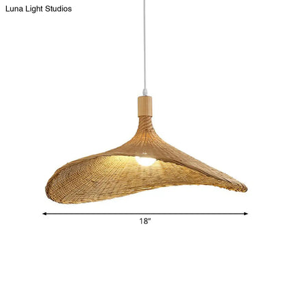 Asian Bamboo Pendant Light with Hat Design - 1-Light Wood Hanging Lamp for Tearoom