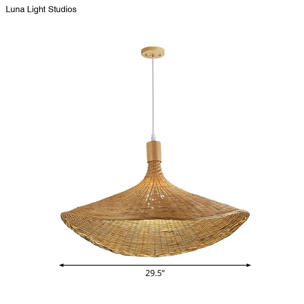 Asian Bamboo Pendant Light with Hat Design - 1-Light Wood Hanging Lamp for Tearoom