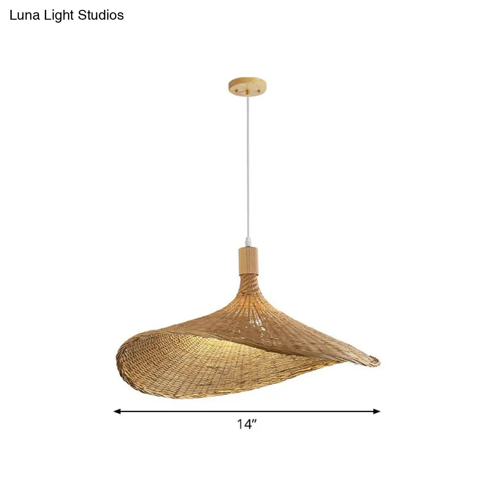 Asian Bamboo Pendant Light with Hat Design - 1-Light Wood Hanging Lamp for Tearoom