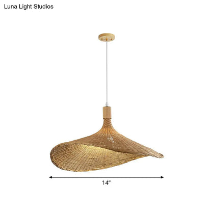 Asian Bamboo Pendant Light with Hat Design - 1-Light Wood Hanging Lamp for Tearoom