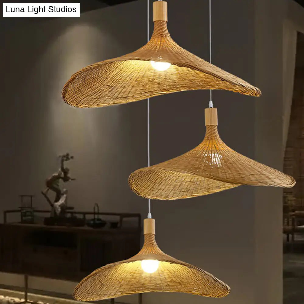 Asian Bamboo Pendant Light with Hat Design - 1-Light Wood Hanging Lamp for Tearoom