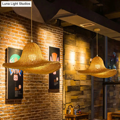 Asian Bamboo Pendant Light with Hat Design - 1-Light Wood Hanging Lamp for Tearoom