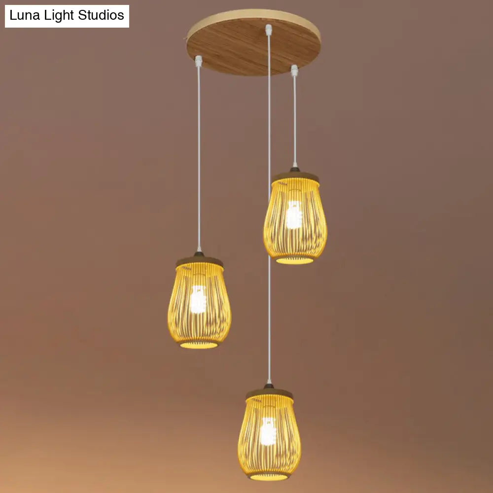 Asian Bamboo Suspension Pendant Light for Stairway - Beige