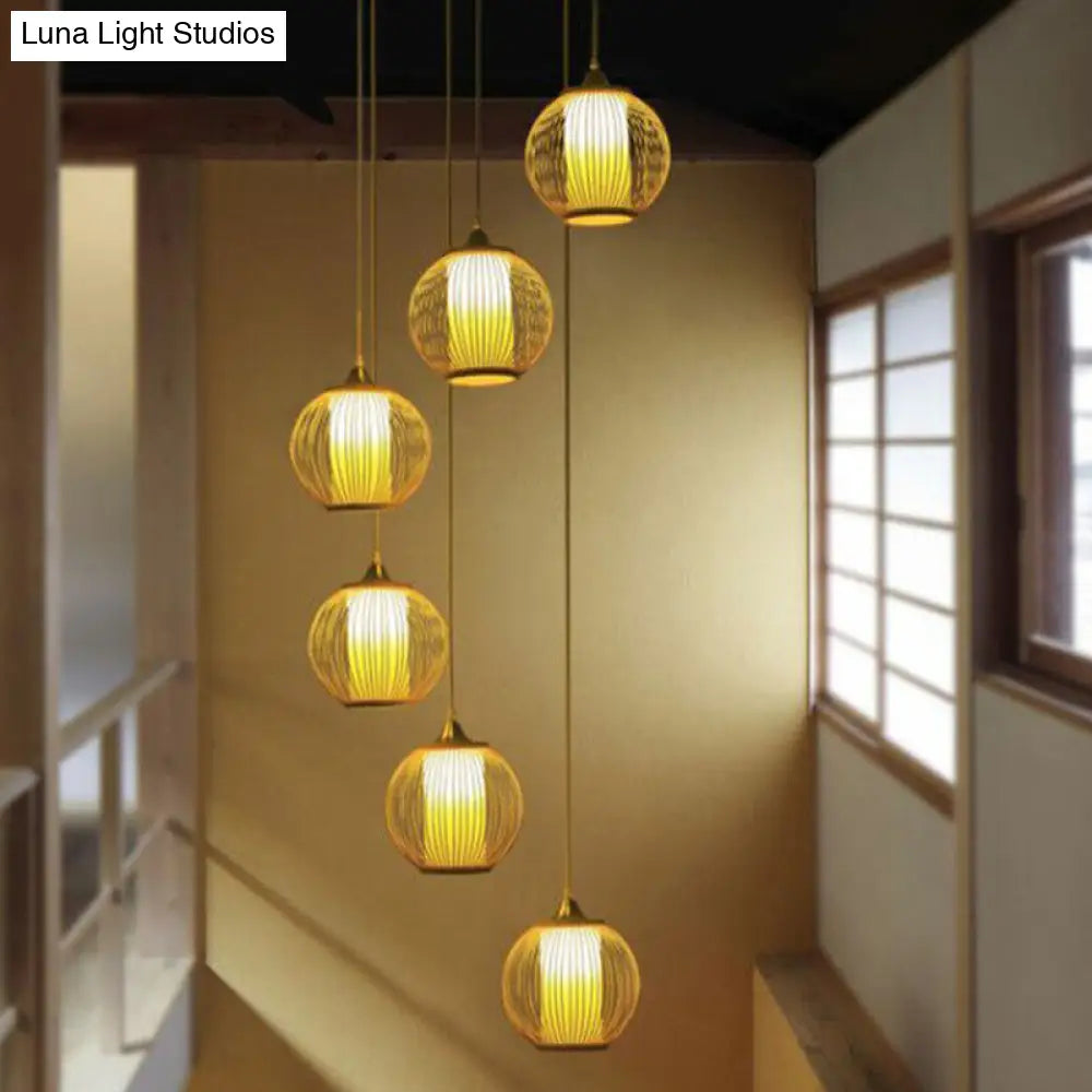 Asian Bamboo Suspension Pendant Light for Stairway - Beige