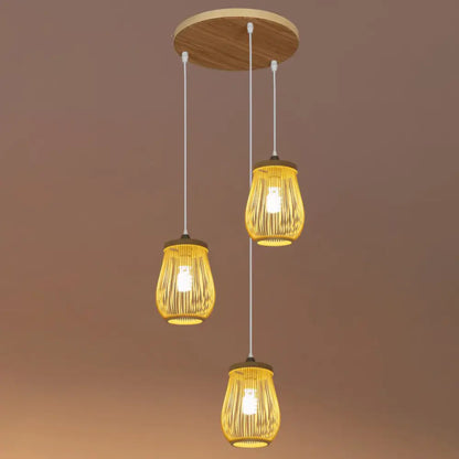 Asian Bamboo Suspension Pendant Light for Stairway - Beige