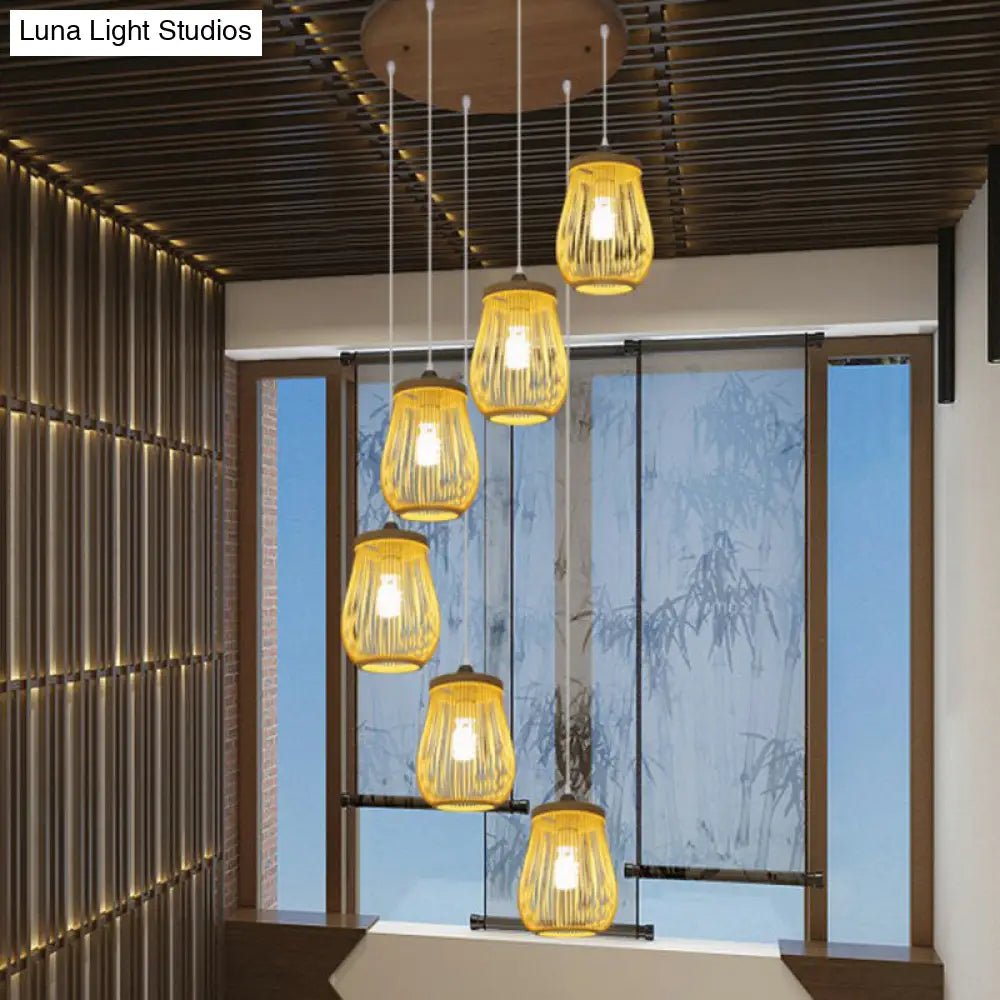 Asian Bamboo Suspension Pendant Light for Stairway - Beige