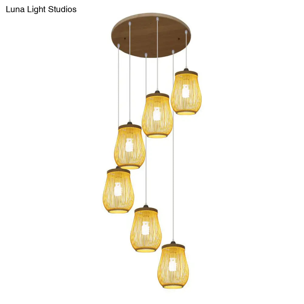 Asian Bamboo Suspension Pendant Light for Stairway - Beige