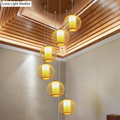 Asian Bamboo Suspension Pendant Light for Stairway - Beige