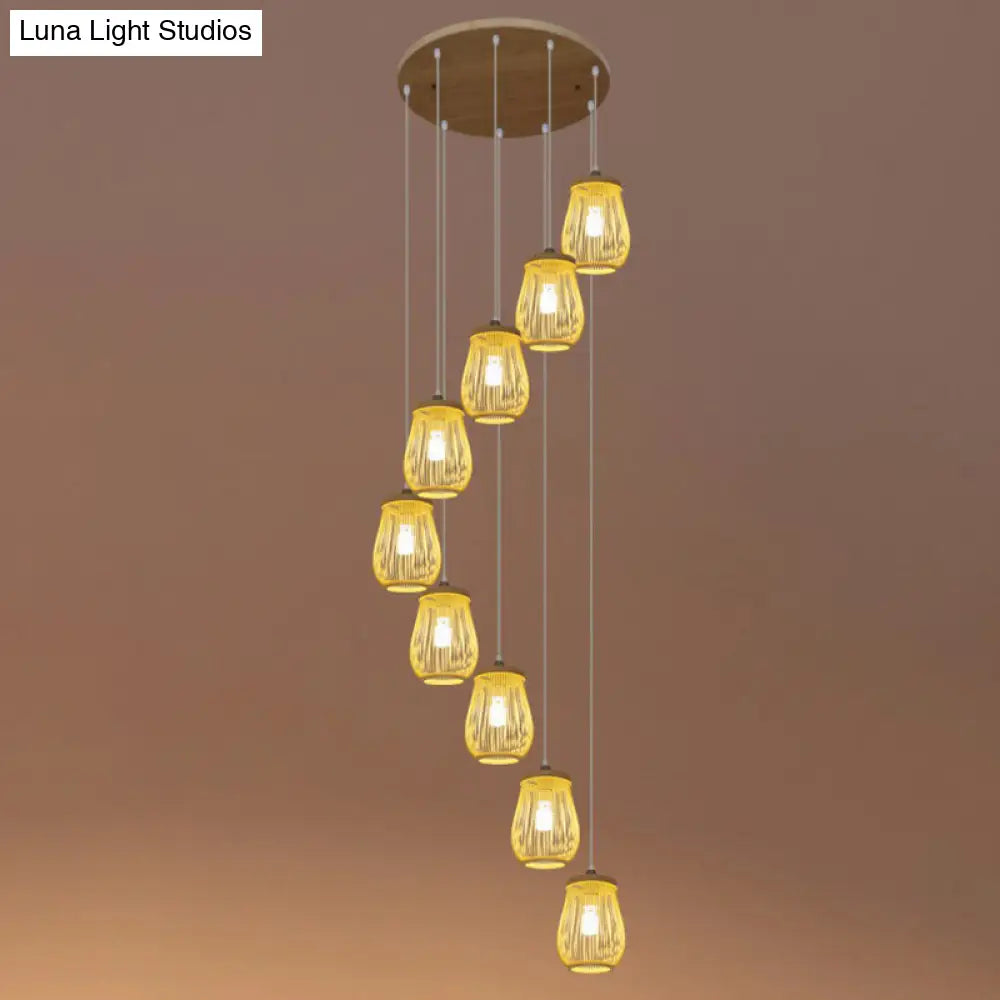 Asian Bamboo Suspension Pendant Light for Stairway - Beige