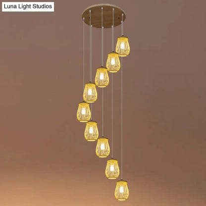 Asian Bamboo Suspension Pendant Light for Stairway - Beige