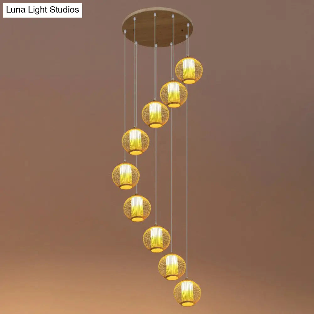 Asian Bamboo Suspension Pendant Light for Stairway - Beige