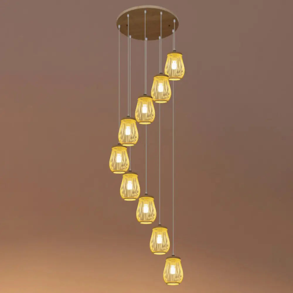 Asian Bamboo Suspension Pendant Light for Stairway - Beige