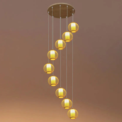 Asian Bamboo Suspension Pendant Light for Stairway - Beige