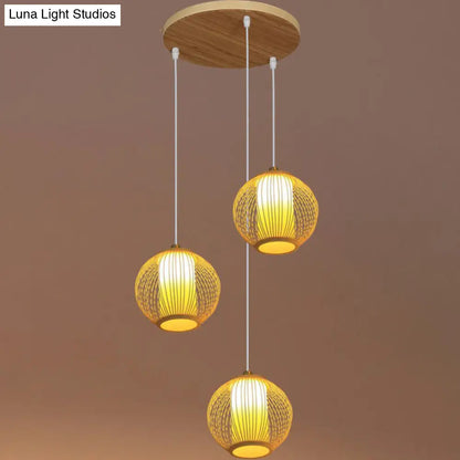 Asian Bamboo Suspension Pendant Light for Stairway - Beige