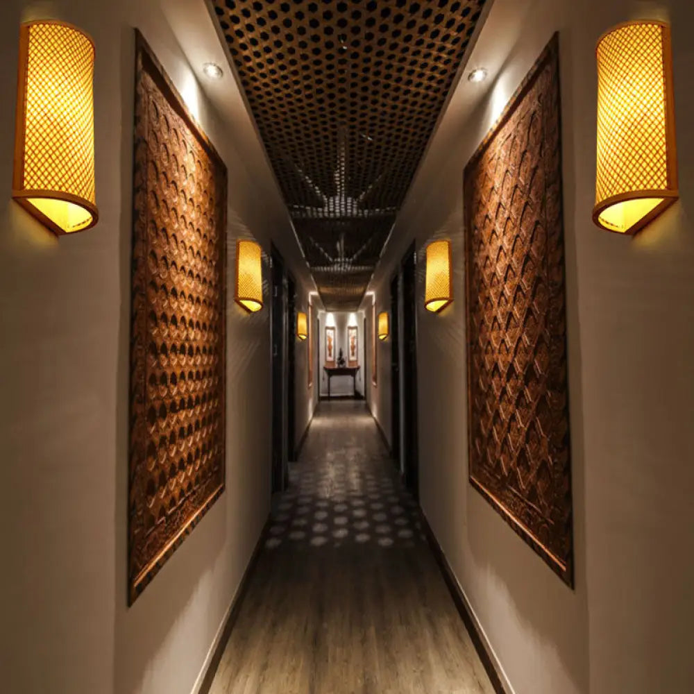 Lámpara de pared asiática de bambú - Aplique de pared de forma geométrica para dormitorio