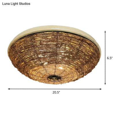 DecorBites™ DecorBites™ Asian Brown Flush Mount Ceiling Light with Rattan Shade for Dining Room - Set of 3 Bulbs